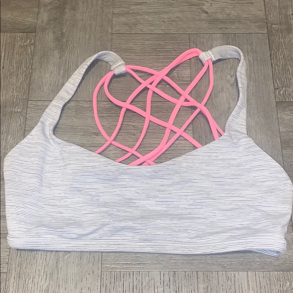 lululemon athletica Light Gray Striped Sports Bra with Pink Strappy Back